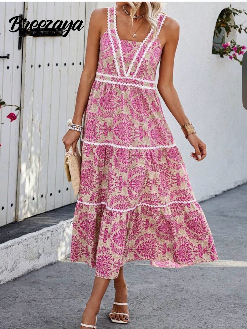 SHEIN Pink & Cream Floral Lace-Trim Tiered Maxi Dress